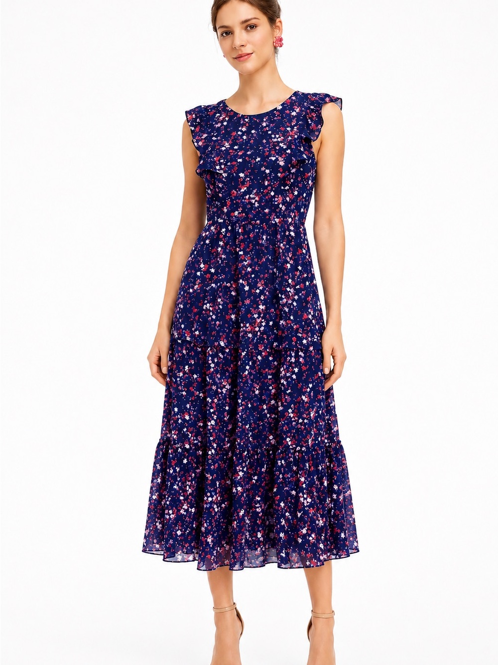 J. Crew Navy Floral Ruffle Dress with Pink and Red Print